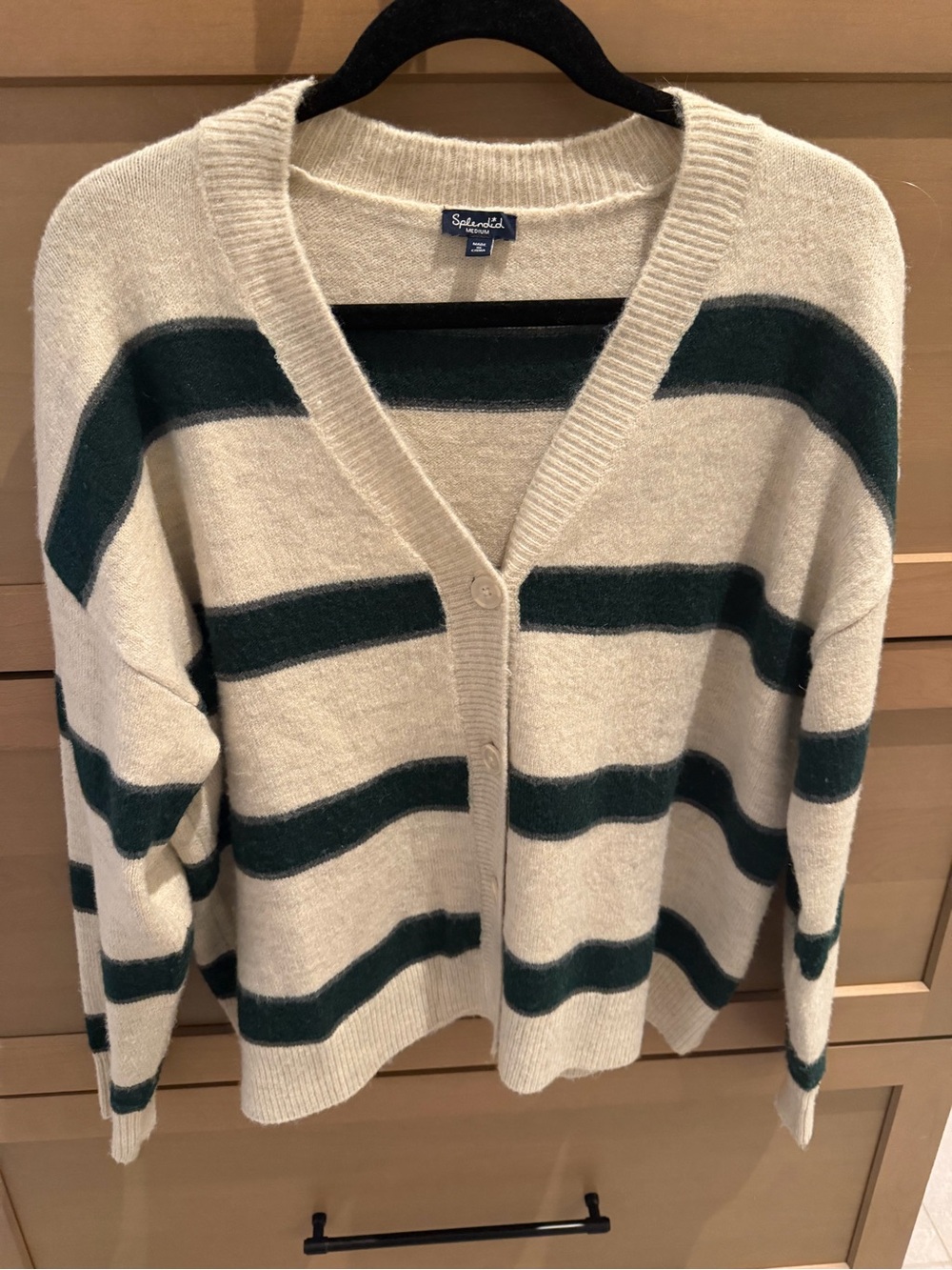 Splendid Cream and Dark Green Striped V-Neck Button Cardigan